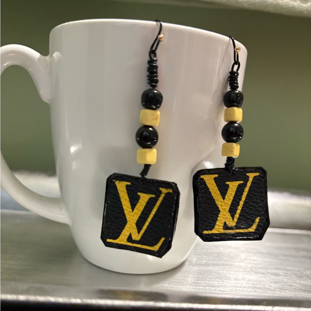 Elegant Black and Yellow Earrings LV Upcycled Louis Vuitton Monogram Canvas